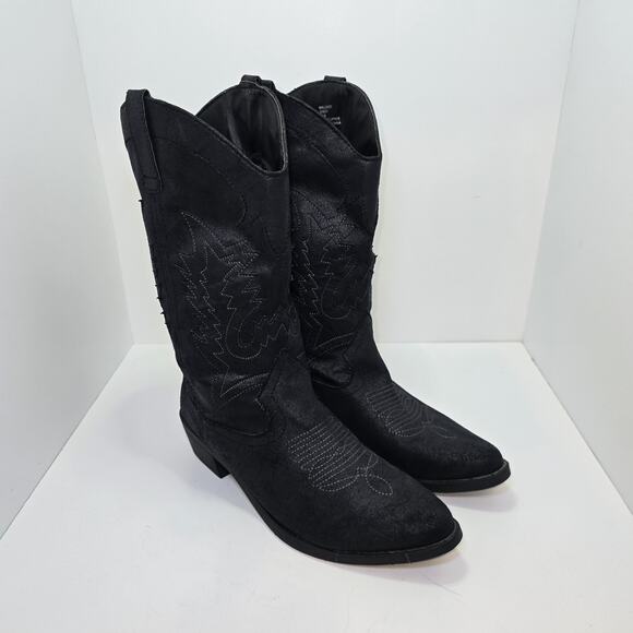Rampage Shoes - 10M Black Western Cowboy Boots Fabric Faux Suede Embroidered